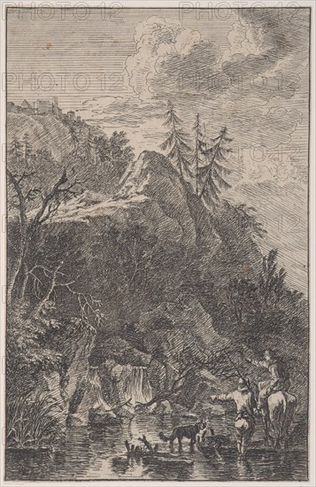 Plate 5: female figure on horseback and a male figure with a dog standing in a stre..., ca. 1700-25. Creator: Franz Joachim Beich.