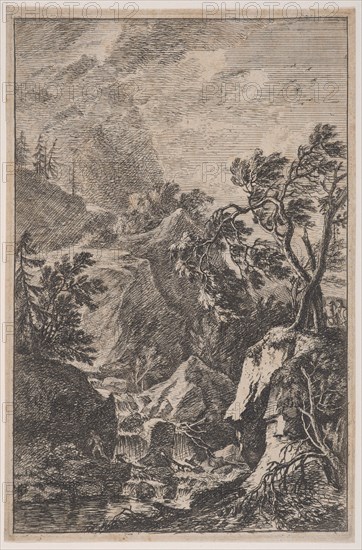 Plate 6: two male figures standing on a rock at right, a waterfall at center with a..., ca. 1700-25. Creator: Franz Joachim Beich.