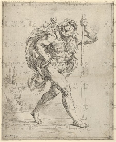 Saint Christopher walking with the infant Christ on his right shoulder, ca. 1600-1640. Creator: Guido Reni.