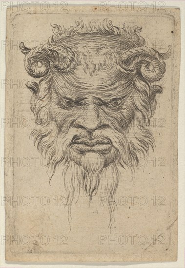 Satyr Mask with Curled Horns Looking Down, from Divers Masques, ca. 1635-45. Creator: Francois Chauveau.