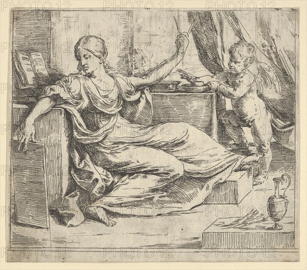 Seated woman holding a tablet and compass (allegory of learning), a winged putto ..., ca. 1600-1640. Creator: Guido Reni.
