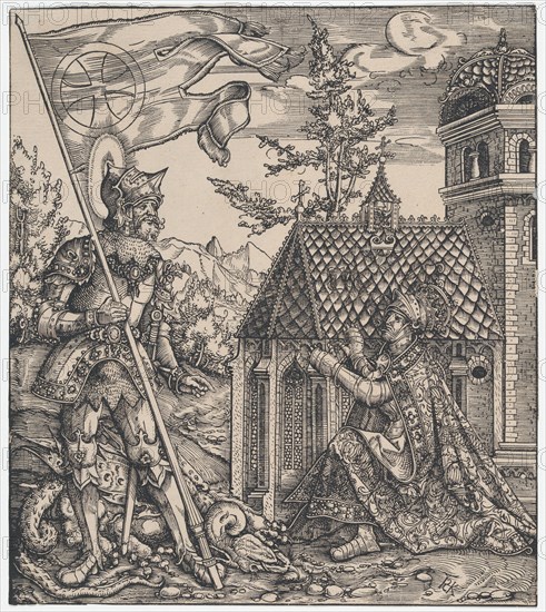 St George as the Emperor's Patron Saint, from The Habsburg Saints (Ima..., ca.1516-18, printed 1799. Creator: Hans Springinklee.