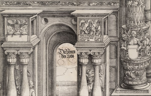 The Arch in the Entryway of the Left Portal (Die Porten des Lobs); and the Outer Left Colu..., 1515. Creator: Hans Springinklee.