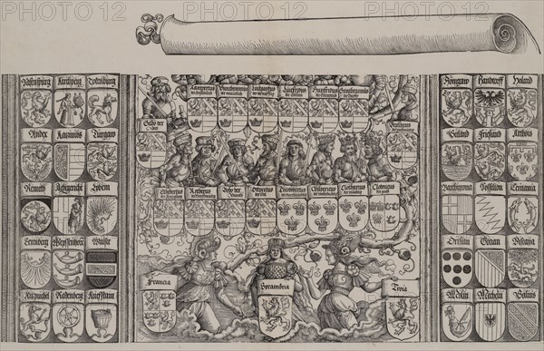 The Lower Portion of the Genealogy of Maximilian; with the Left Edge of the Scroll for the..., 1515. Creator: Hans Springinklee.