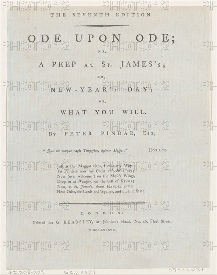 Title Page, from Ode Upon Ode by Peter Pindar, 1787. Creator: George Kearsley.