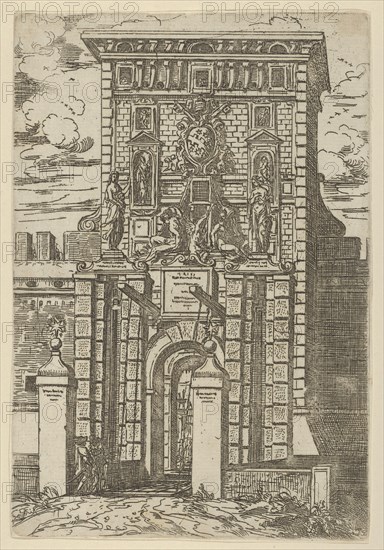 The Porta Galliera, the entrance gate to Bologna and drawbridge with temporary decorations..., 1598. Creator: Guido Reni.