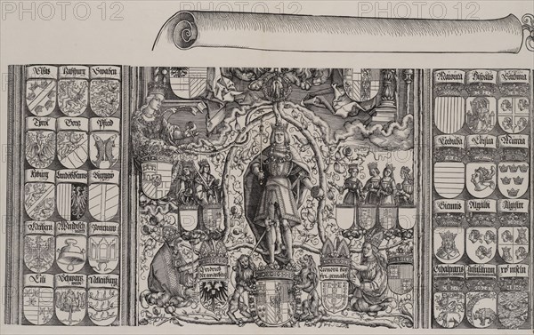 The Upper Portion of the Genealogy of Maximilian; with the Right Edge of the Scroll for th..., 1515. Creator: Hans Springinklee.