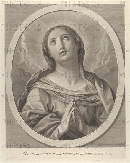 The Virgin in prayer, looking up with clouds behind her, in an oval frame, after Reni, ..., 1648-81. Creator: François de Poilly.