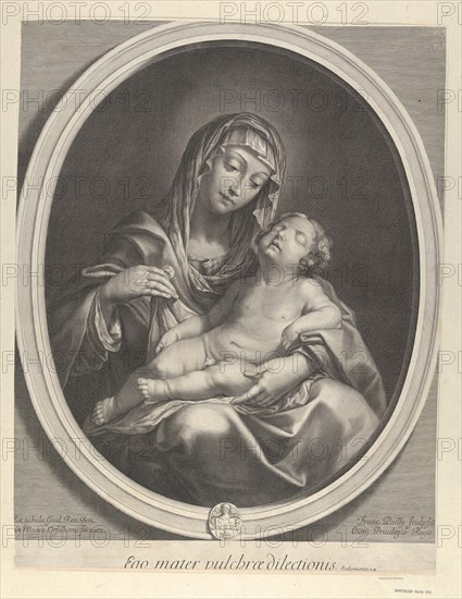 The Virgin seated with the infant Christ sleeping in her lap, in an oval frame, aft..., ca. 1655-70. Creator: François de Poilly.