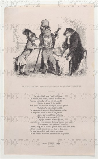 The Wolf pleading against the Fox, in front of the Monkey, ca. 1838. Creator: Jean Ignace Isidore Gerard.