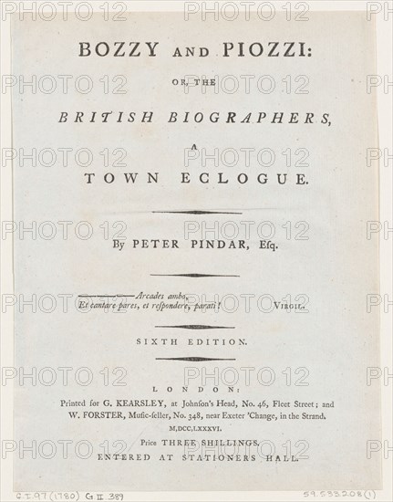 Title Page, from Bozzy and Piozzi by Peter Pindar, Esq., 1787. Creator: George Kearsley.