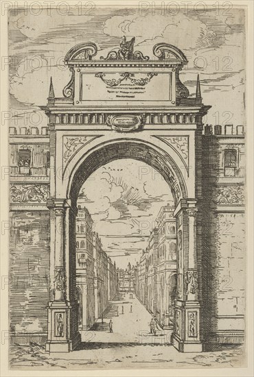 Triumphal arch surmounted by a statue of Moses, buildings seen through the arch below, a t..., 1598. Creator: Guido Reni.