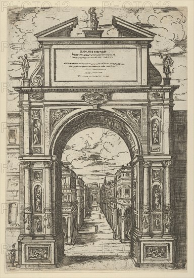Triumphal arch surmounted by a statue representing the city of Bologna, buildings seen thr..., 1598. Creator: Guido Reni.