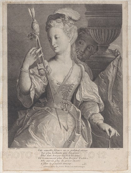 Young woman spinning thread for an arrow, 1686-1741. Creator: François de Poilly.