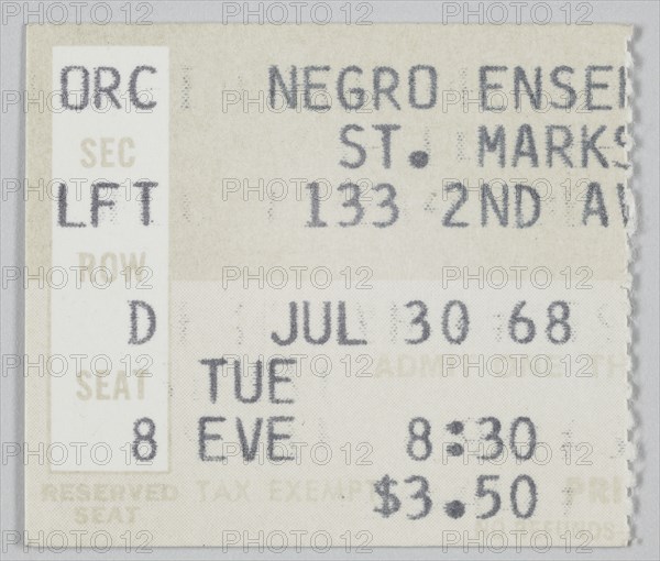 Ticket stub for Song of the Lusitanian Bogey and Daddy Goodness, July 30, 1968. Creator: Unknown.