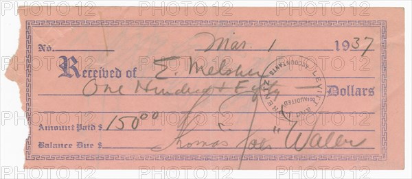 Receipt signed by Fats Waller, March 1, 1937. Creator: Unknown.