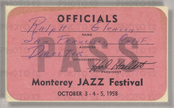 Official pass for the Monterey Jazz Festival, 1958. Creator: Unknown.