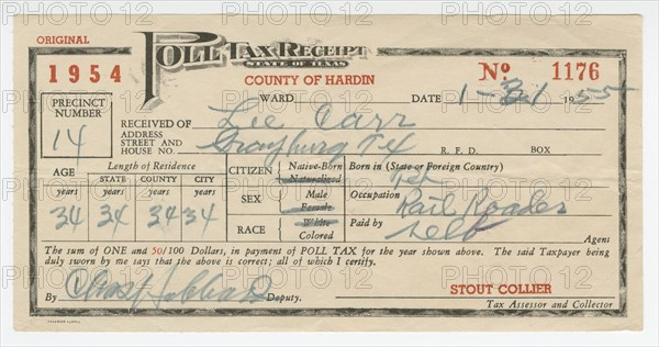 Poll tax receipt for Lee Carr from Hardin County, Texas, 1955. Creator: Unknown.