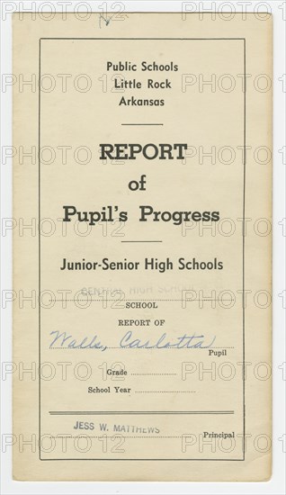 Report card for Carlotta Walls from Little Rock Central High School, 1957 - 1958. Creator: Unknown.