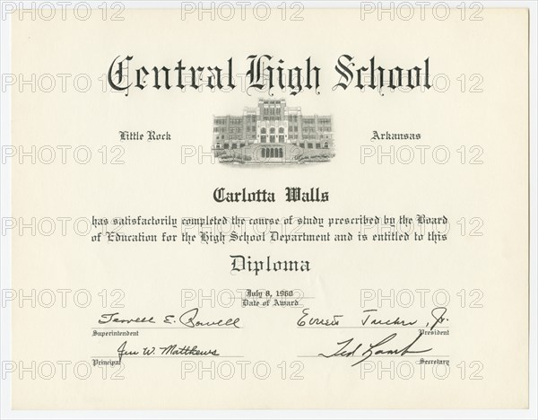 Diploma for Carlotta Walls from Little Rock Central High School, July 8, 1960. Creator: Unknown.