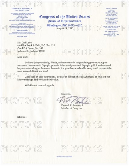 Letter from US Representative Kenneth E. Bentsen, Jr. to Carl Lewis, August 14, 1996. Creator: Unknown.