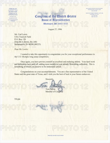 Letter from US Representative Tom DeLay to Carl Lewis, August 27, 1996. Creator: Unknown.