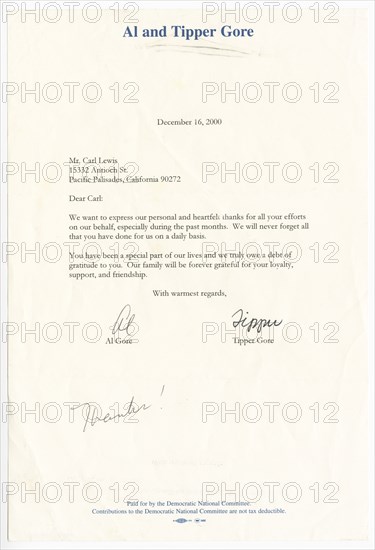 Letter from Vice President Al Gore and his wife Tipper Gore to Carl Lewis, December 16, 2000. Creators: Unknown, Al Gore.