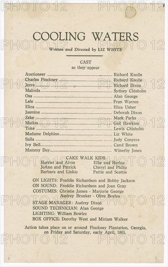 Cast listing for Shearer Summer Theatre's production of Cooling Waters, 1948. Creator: Unknown.