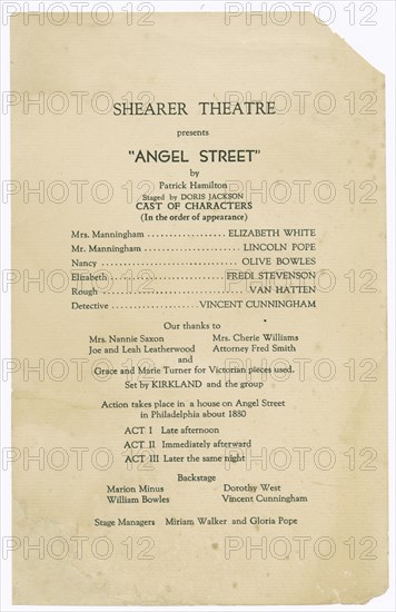 Cast list for the Shearer Players' production of Angel Street, 1951. Creator: Unknown.