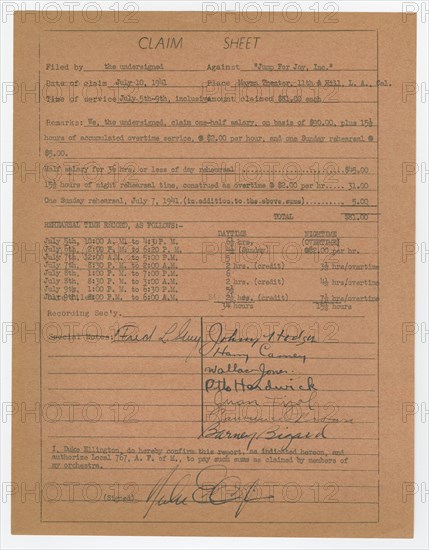 Claim sheet for unpaid salary for orchestra musicians, 1941. Creator: Unknown.