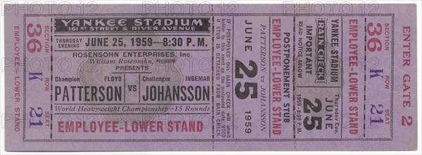 Ticket to a boxing match between Floyd Patterson and Ingemar Johansson, June 25, 1959. Creator: Unknown.