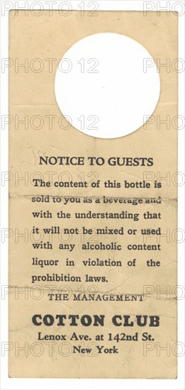 Bottle tag from the Cotton Club, 1923-1933. Creator: Unknown.