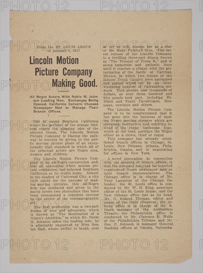 Press Release from the Lincoln Motion Picture Company, January 5, 1917. Creator: Unknown.