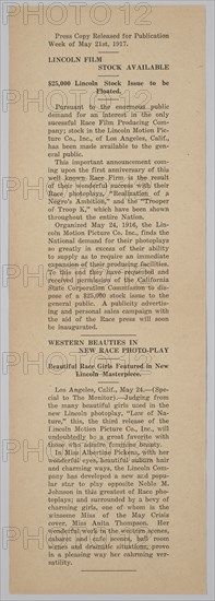 Press release from the Lincoln Motion Picture Company, May 21, 1917. Creator: Unknown.