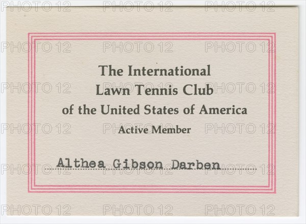 Membership card for the Lawn Tennis Club of the United States for Althea Gibson, 1980. Creator: Unknown.