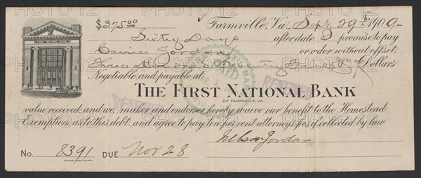 Bill of exchange between Carrie Jordan and Nelson Jordan, September 29, 1909. Creator: Unknown.