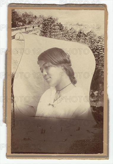 Photographic print of a woman on a stylized background of a scroll and snowscape, early 20th century Creator: Unknown.