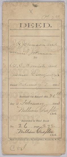 Land deed for property in West Virginia owned by the Crawford family, February 7, 1903. Creator: Unknown.