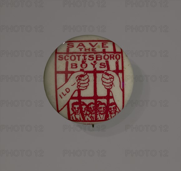 Pinback button supporting the Scottsboro Boys, 1931. Creator: Eagle Regalia Company.