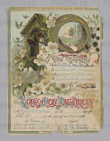 Marriage certificate of Luther Miller Pulce and Irene Jenkins, October 30, 1902. Creator: Unknown.