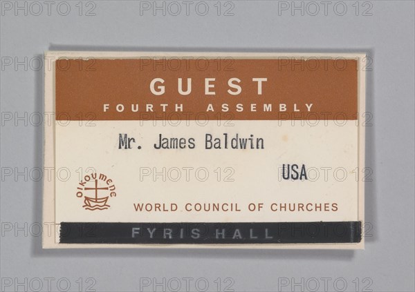 World Council of Churches guest badge for James Baldwin, July 1968. Creator: Unknown.