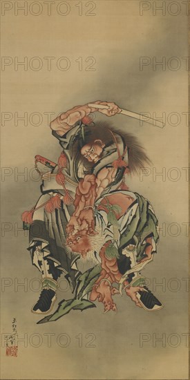 Zhong Kui (Shoki) killing a demon, Edo period, 1760-1868. Creator: Hokusai.