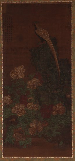 A pheasant, a rock, and peonies, Ming or Qing dynasty, 17th century. Creator: Unknown.