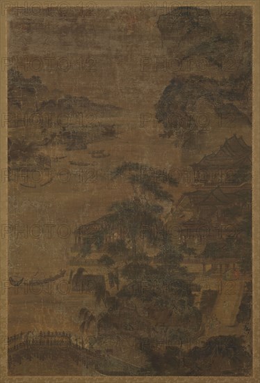 River landscape: mountains, pine-trees, and buildings, Ming dynasty, 1368-1644. Creator: Unknown.