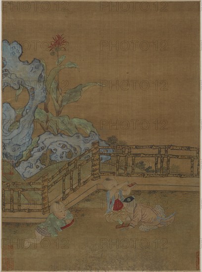 Three children playing on a garden terrace, Ming dynasty, 1368-1644. Creator: Unknown.