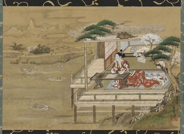 Murasaki Shikibu composing the Tale of Genji at Ishiyamadera, Edo period, 19th century. Creator: Gakutei.