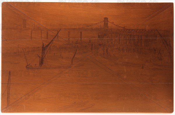 Etching plate: Old Hungerford Bridge, 1861. Creator: James Abbott McNeill Whistler.