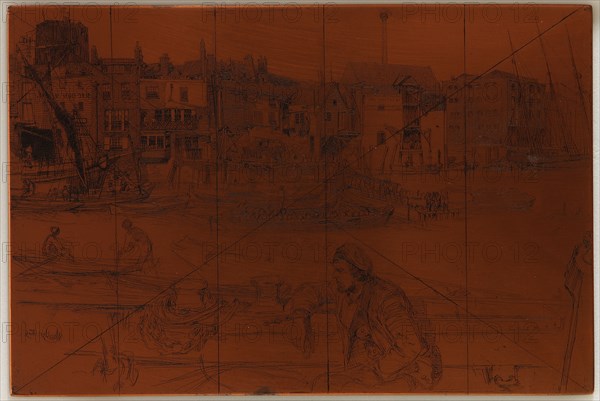 Etching plate: Black Lion Wharf, 1859. Creator: James Abbott McNeill Whistler.