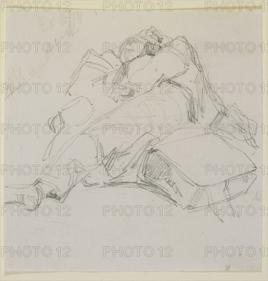 A man asleep on a pile of luggage, 1858. Creator: James Abbott McNeill Whistler.