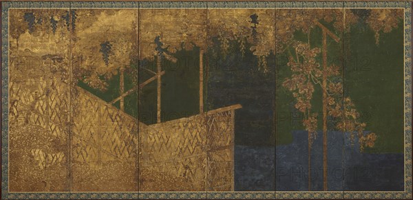 Fruiting grapevines on a bamboo trellis, Momoyama period, late 16th century. Creator: Kano Eitoku.